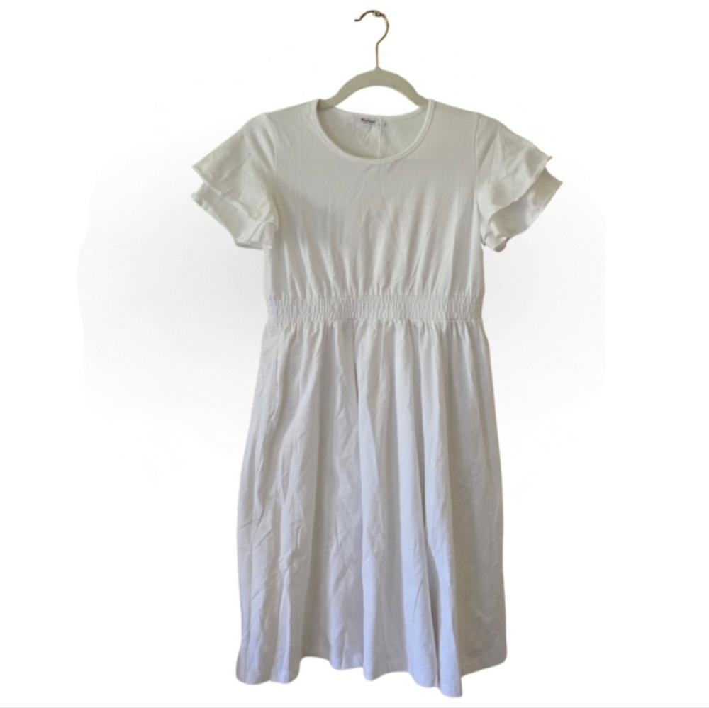 NEW Arshiner White Dress Girl's 12/13 Years (160) Short Ruffle Sleeve, Pockets